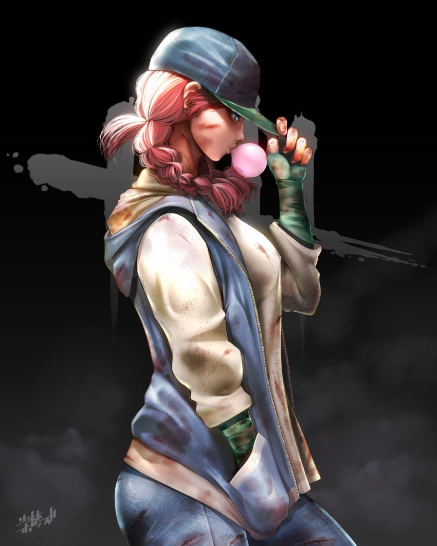 1girl black_background blood bloody_clothes blue_eyes braid chewing_gum dead_by_daylight fingerless_gloves gloves green_gloves hand_in_pocket hat highres injury long_sleeves meg_thomas pink_hair profile short_hair shourin_bonzu simple_background solo twin_braids