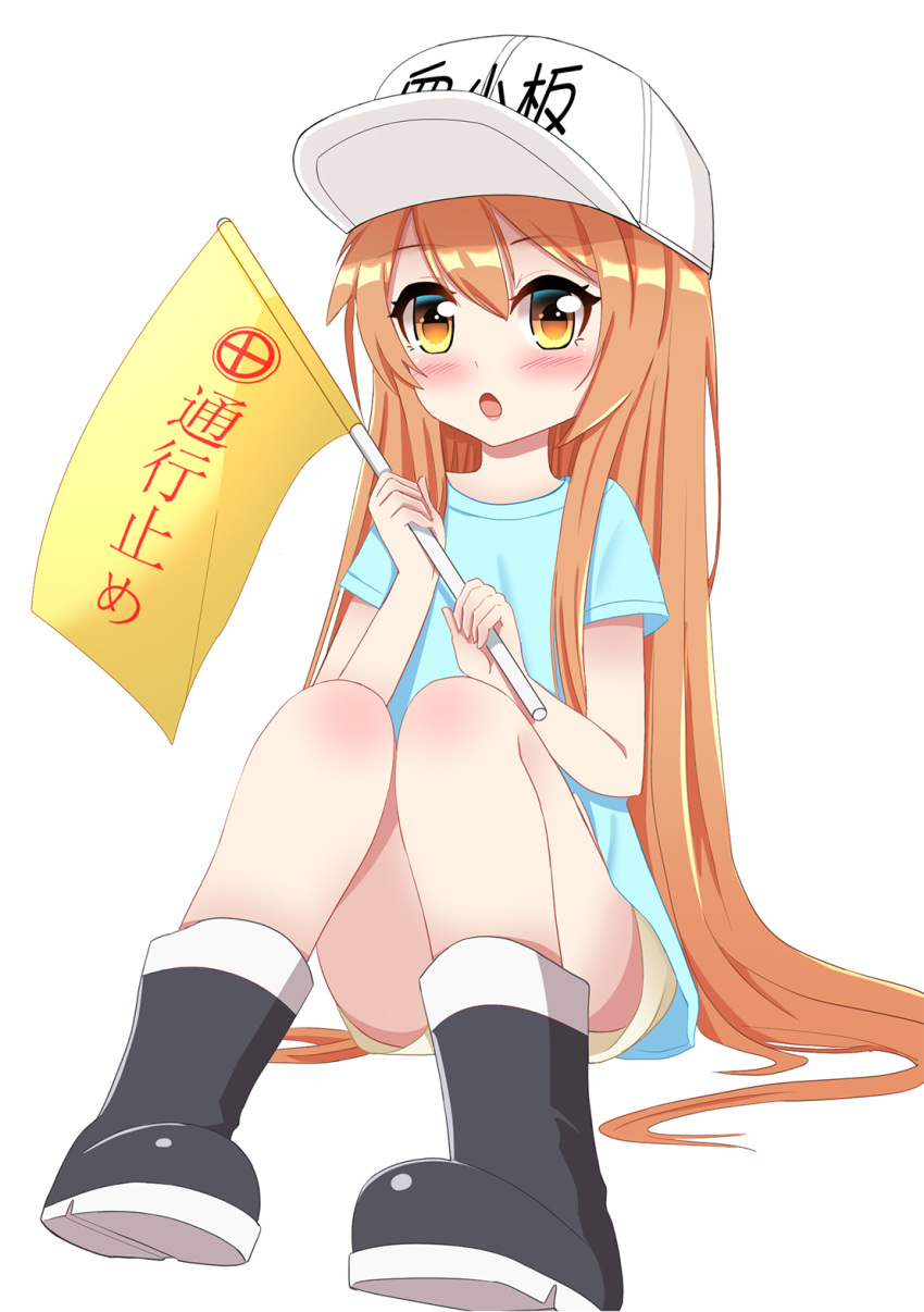 1girl :o bangs black_footwear blue_shirt blush boots brown_eyes brown_shorts character_name clothes_writing commentary_request eyebrows_visible_through_hair flag flat_cap hair_between_eyes hands_up hat hataraku_saibou highres holding holding_flag leng_xiao light_brown_hair long_hair looking_at_viewer open_mouth pigeon-toed platelet_(hataraku_saibou) shirt short_shorts short_sleeves shorts simple_background sitting solo very_long_hair white_background white_hat