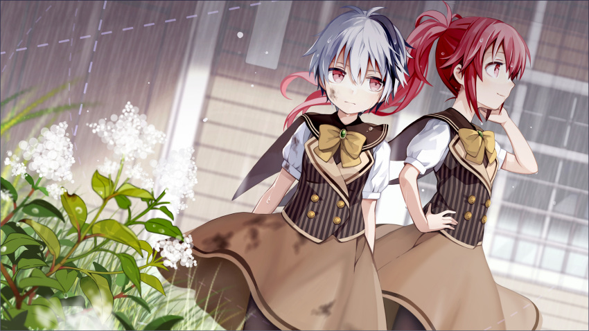 2girls absurdres bow bowtie brown_bow brown_skirt cul dutch_angle floating_hair flower flower_(vocaloid) hand_in_hair hand_on_hip highlights highres kari_kenji long_hair looking_to_the_side multicolored_hair multiple_girls outdoors ponytail rain red_eyes redhead shirt short_hair short_sleeves silver_hair skirt standing very_long_hair vocaloid white_flower white_shirt wind wind_lift