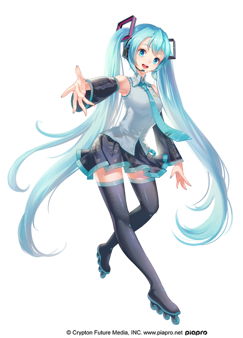 1girl :d absurdres black_footwear black_skirt blue_eyes blue_hair blue_nails blue_neckwear boots detached_sleeve detached_sleeves floating_hair full_body grey_shirt guozi_li hair_between_eyes hatsune_miku headset highres leg_up long_hair looking_at_viewer microphone miniskirt nail_polish necktie open_mouth print_shirt print_sleeves shiny shiny_clothes shirt skirt sleeveless sleeveless_shirt smile solo standing standing_on_one_leg thigh-highs thigh_boots twintails very_long_hair vocaloid zettai_ryouiki