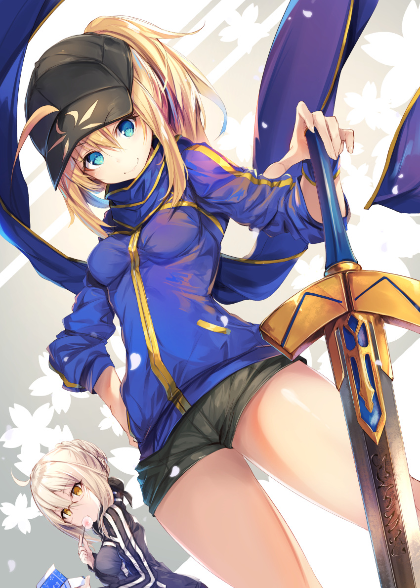 &gt;:) 2girls absurdres ahoge artoria_pendragon_(all) bangs baseball_cap black_hat black_jacket black_shorts blonde_hair blue_eyes blue_jacket blue_scarf braid breasts brown_eyes closed_mouth commentary_request dutch_angle eating excalibur eyebrows_visible_through_hair fal_maro fate/grand_order fate/stay_night fate_(series) food hair_between_eyes hair_bun hair_through_headwear hand_on_hilt hand_on_hip hat highres holding holding_food jacket light_brown_hair long_hair long_sleeves looking_at_viewer looking_to_the_side medium_breasts multiple_girls mysterious_heroine_x_(alter) ponytail saber_alter scarf short_shorts shorts sidelocks smile track_jacket v-shaped_eyebrows