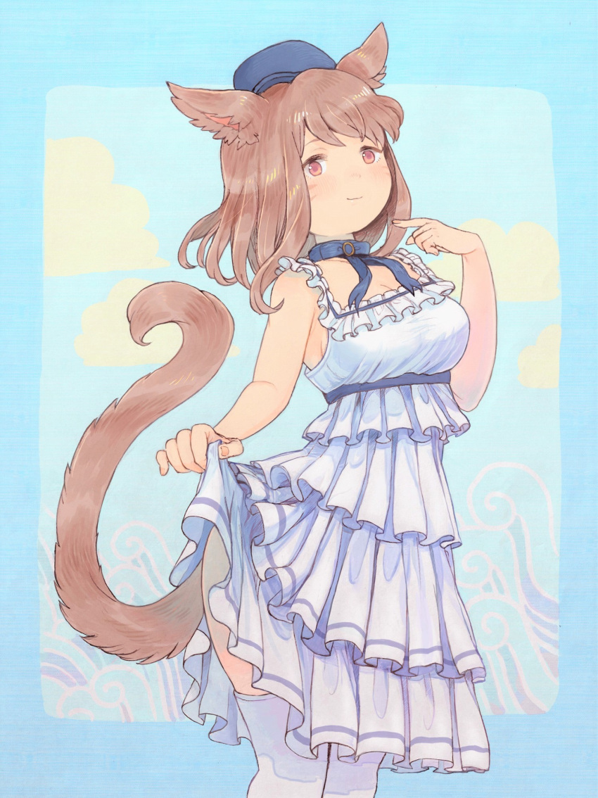 1girl animal_ears blue_background bow breasts brown_eyes brown_hair cat_ears cat_tail choker cleavage dress dress_lift facial_mark final_fantasy final_fantasy_xiv frilled_dress frills hat highres lifted_by_self medium_breasts miqo'te mozuku_(mozuuru0323) pointing pointing_at_self ribbon_choker short_hair smile solo standing tail thigh-highs white_dress