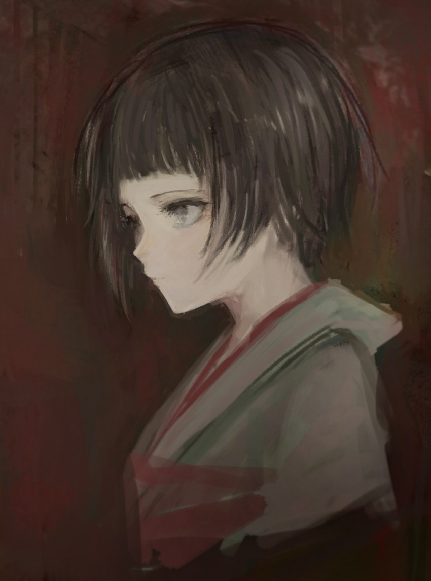 1girl bad_id bad_tumblr_id bangs black_hair blunt_bangs brown_background closed_mouth from_side grey_eyes highres hometa japanese_clothes kimono obi original sash short_hair sketch solo upper_body