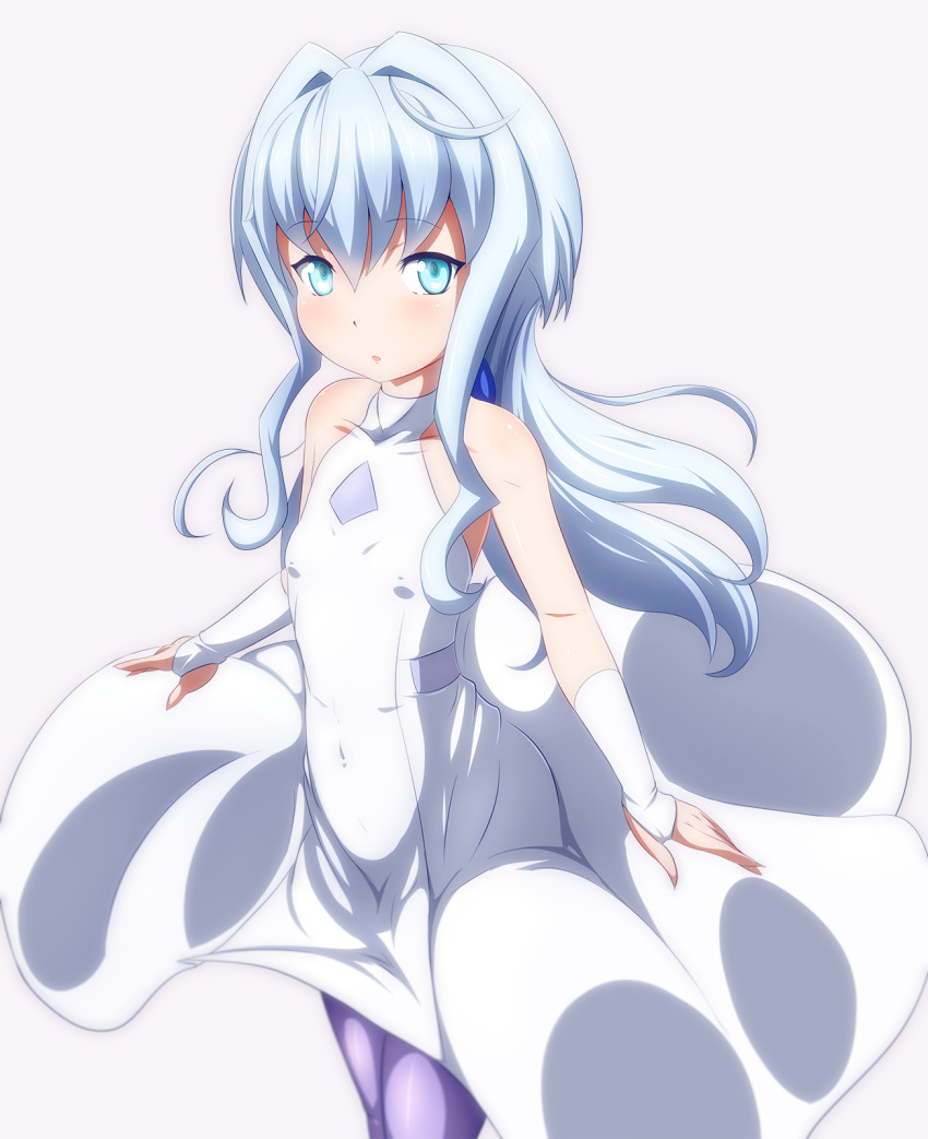 1girl blue_eyes blue_hair commentary_request covered_navel danpu dress erect_nipples flat_chest grey_background grey_legwear gundam gundam_build_divers hair_intakes highres long_hair pantyhose sara_(gundam_build_divers) simple_background sleeveless sleeveless_dress solo white_dress wind wind_lift