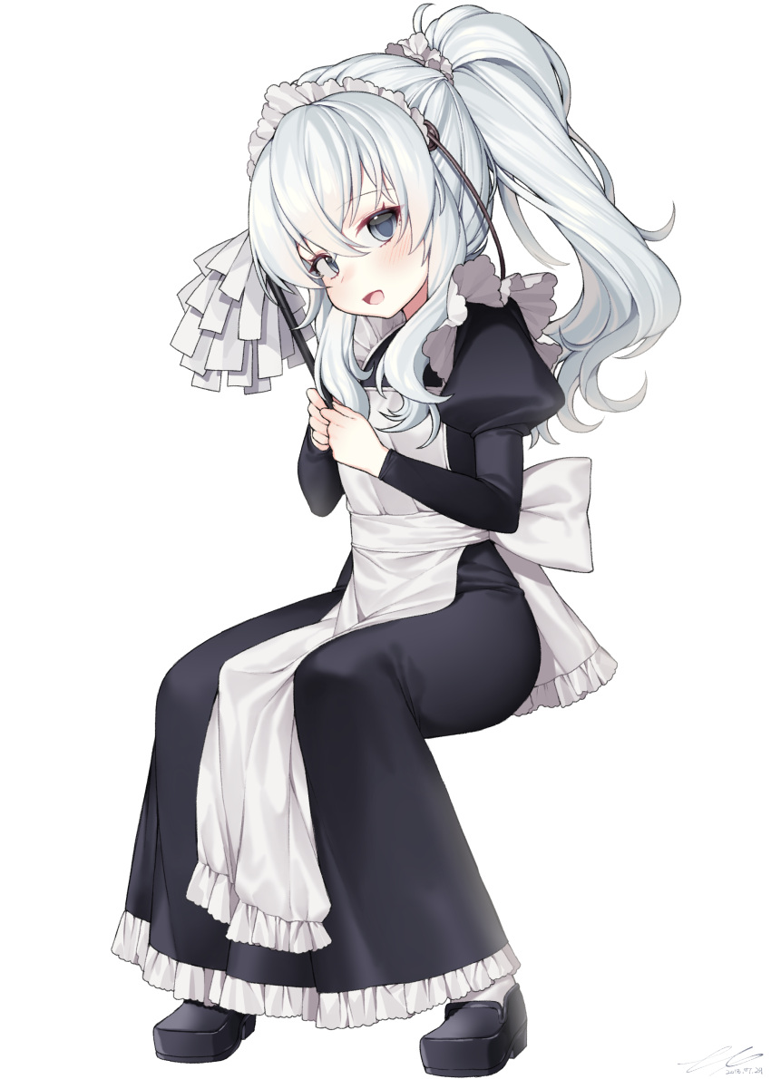 1girl :d absurdres apron bangs black_dress black_footwear blush commentary_request dated dress duster eyebrows_visible_through_hair frilled_dress frills girls_frontline grey_eyes hair_between_eyes hands_up head_tilt high_ponytail highres holding ia_(ias1010) juliet_sleeves long_dress long_hair long_sleeves looking_at_viewer maid maid_headdress open_mouth ponytail puffy_sleeves ribeyrolles_1918_(girls_frontline) shoes signature silver_hair sitting smile socks solo white_apron white_legwear