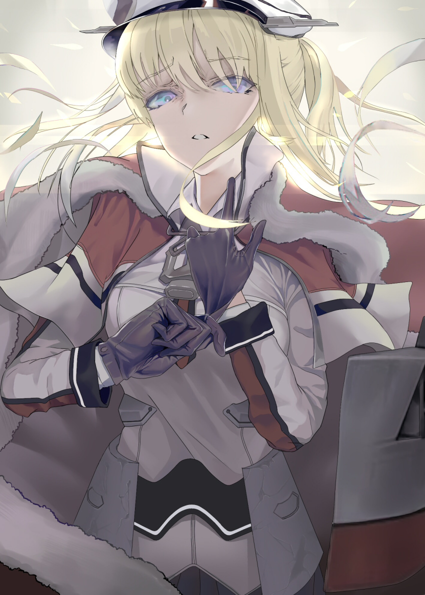 1girl aircraft anchor black_gloves blonde_hair capelet commentary_request dirigible gloves graf_zeppelin_(kantai_collection) grey_eyes hair_between_eyes hat high_ponytail highres kantai_collection machinery military military_hat military_uniform peaked_cap scenery sidelocks twintails uniform white_hat xufeeg zeppelin