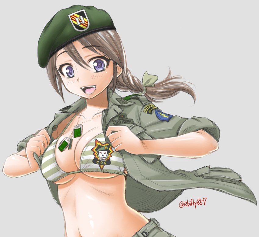 1girl :d badge beret blush bra braid breasts brown_hair dog_tags ebifly eyebrows_visible_through_hair fangs green_bra green_hat green_jacket green_pants grey_background hair_between_eyes hat jacket large_breasts long_hair looking_at_viewer military military_uniform navel open_clothes open_jacket open_mouth original pants simple_background single_braid smile solo striped striped_bra twitter_username underwear uniform upper_body violet_eyes