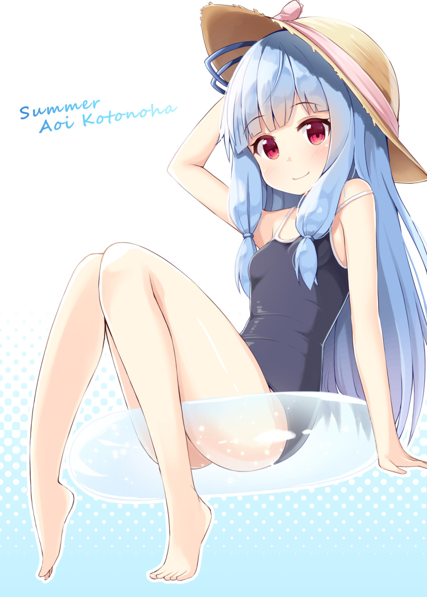 1girl bangs barefoot blue_hair blunt_bangs character_name eyebrows_visible_through_hair feet full_body gradient gradient_background hand_on_headwear hat hat_ribbon highres innertube kotonoha_aoi long_hair looking_at_viewer ominaeshi_(takenoko) one-piece_swimsuit red_eyes ribbon simple_background smile solo strap_slip sun_hat swimsuit voiceroid