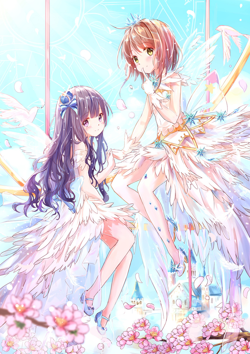 2girls animal back_bow bangs bird blue_bow blue_footwear blurry blurry_foreground blush bow brown_eyes brown_hair card_captor_sakura castle closed_mouth commentary_request crown daidouji_tomoyo depth_of_field dress eyebrows_visible_through_hair feathered_wings finger_to_mouth flower gloves hair_between_eyes hair_bow high_heels highres kinomoto_sakura long_hair mary_janes mini_crown multiple_girls peas_(peas0125) petals pink_flower purple_hair shoes sleeveless sleeveless_dress smile striped striped_bow tower transparent transparent_wings tree_branch very_long_hair violet_eyes white_dress white_footwear white_gloves white_wings wings