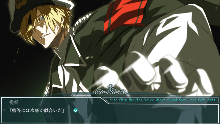 1boy admiral_(kantai_collection) armband blonde_hair blue_eyes clenched_teeth commentary_request dies_irae fake_screenshot gloves glowing glowing_eye hat highres jacket_on_shoulders kantai_collection light_trail looking_at_viewer peaked_cap reinhard_tristan_eugen_heydrich shaded_face teeth tnk_(p_freaks) translation_request