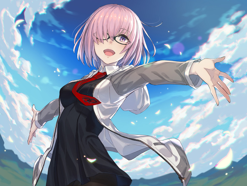 1girl :d black-framed_eyewear black_dress blue_sky breasts clouds commentary_request day dress eyebrows_visible_through_hair fate/grand_order fate_(series) glasses hair_over_one_eye hood hood_down hooded_jacket jacket kusano_shinta lens_flare long_sleeves looking_at_viewer mash_kyrielight medium_breasts necktie open_clothes open_jacket open_mouth outdoors outstretched_arms pantyhose pink_hair red_neckwear shiny shiny_hair short_hair sky smile solo spread_arms unzipped upper_body zipper