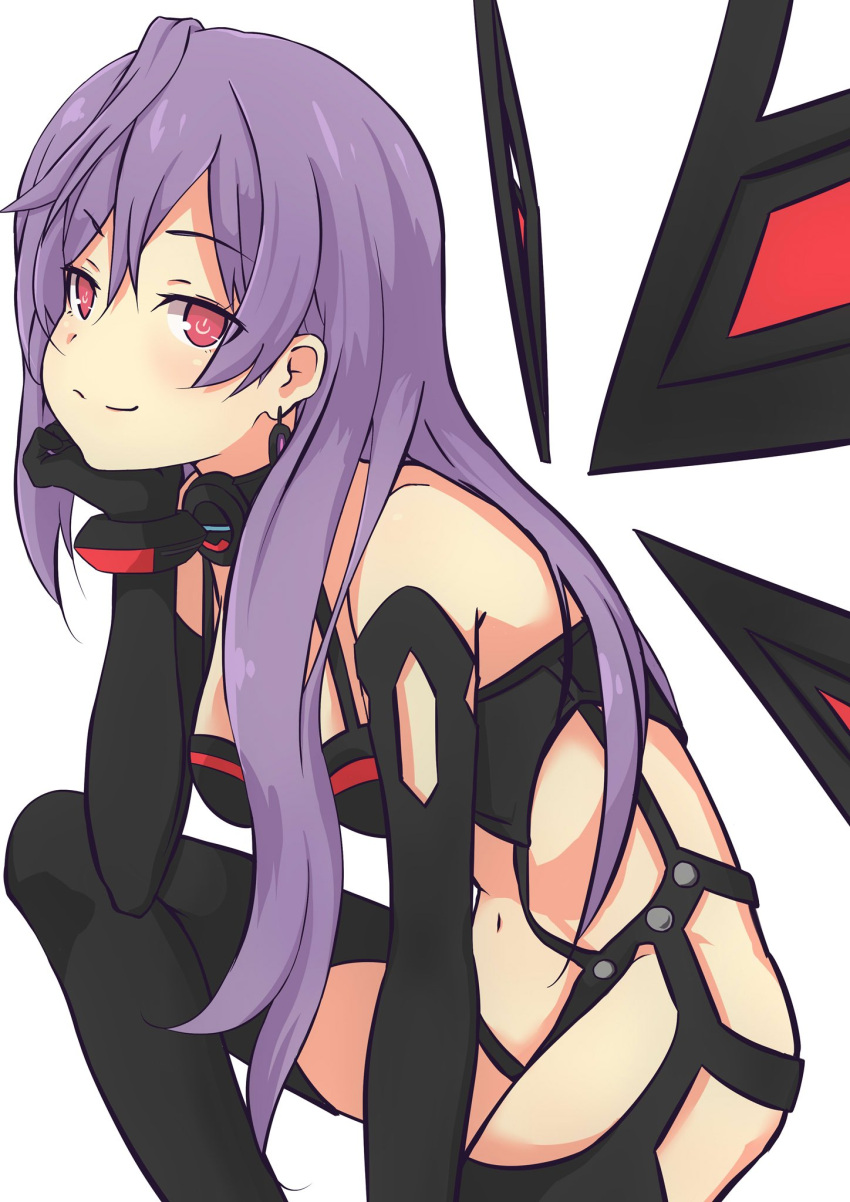 1girl artist_request blush breasts cleavage earrings elbow_gloves eyebrows eyebrows_visible_through_hair gloves hair_between_eyes highres iris_heart jewelry kami_jigen_game_neptune_v long_hair looking_at_viewer navel neptune_(series) one_knee power_symbol purple_hair red_eyes simple_background smile solo source_request symbol-shaped_pupils white_background