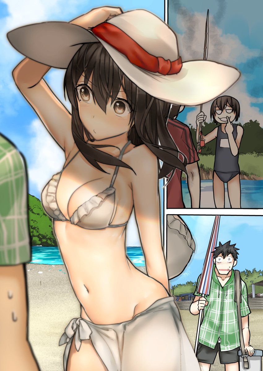 1boy 1girl araido_kagiri beach bikini blush breasts brown_eyes cleavage comic crab fishing_rod frilled_bikini frills fujimino_daisuke hat highres hino_matsuri_(osananajimi_ni_najimitai) medium_breasts mole mole_under_eye navel original osananajimi_ni_najimitai parasol sarong school_swimsuit short_hair shorts spiky_hair sun_hat sweat swimsuit umbrella water white_bikini younger