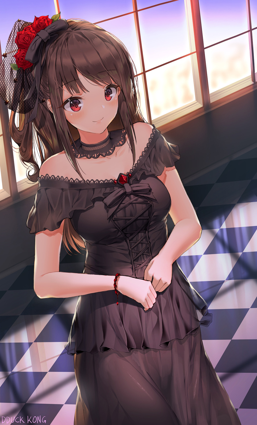 1girl bangs black_bow black_dress blurry blurry_background blush bow breasts brown_hair checkered checkered_floor closed_mouth collarbone depth_of_field dress eyebrows_visible_through_hair flower hair_bow hair_flower hair_ornament highres indoors lee_seok_ho long_hair looking_at_viewer medium_breasts off-shoulder_dress off_shoulder original red_eyes red_flower red_rose rose signature sleeveless sleeveless_dress smile solo standing window