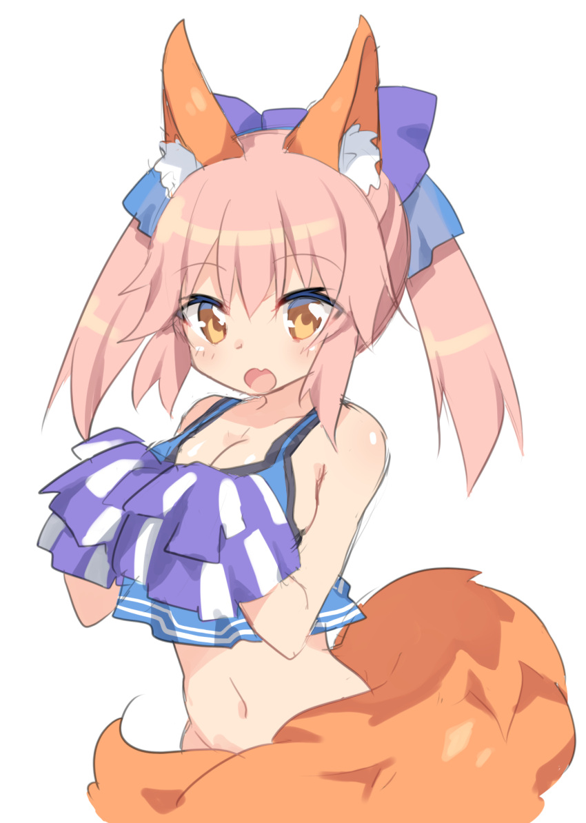 1girl :o animal_ears bangs bare_arms bare_shoulders blush breasts brown_eyes cheerleader cleavage craytm crop_top eyebrows_visible_through_hair fang fate/extra fate_(series) fox_ears fox_girl fox_tail groin hair_between_eyes hands_up highres holding long_hair medium_breasts navel open_mouth pink_hair pom_poms simple_background solo tail tamamo_(fate)_(all) tamamo_no_mae_(fate) twintails white_background