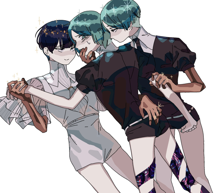 3others androgynous artist_request bangs blue_eyes blue_hair blunt_bangs crystal_hair finger_in_mouth gem_uniform_(houseki_no_kuni) golden_arms green_eyes green_hair hand_holding hand_on_another's_hip heterochromia highres holding_another's_arm houseki_no_kuni multiple_others multiple_persona necktie phosphophyllite phosphophyllite_(ll) see-through selfcest short_hair smile sparkle spoilers white_background white_eyes