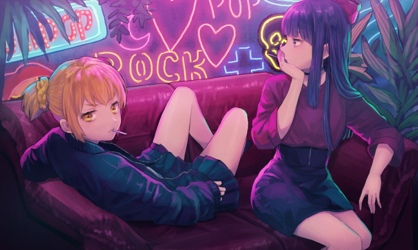 2girls arm_support bangs black_jacket black_skirt bow commentary_request couch hair_bow hair_ornament hair_scrunchie hand_on_own_face heart highres jacket long_hair long_sleeves looking_at_viewer looking_away looking_to_the_side multiple_girls neon_lights on_couch orange_hair pipimi plant pleated_skirt poptepipic popuko profile purple_bow purple_hair purple_shirt saino scrunchie shirt short_hair short_twintails sidelocks sitting skirt sleeves_past_wrists twintails v-shaped_eyebrows very_long_hair violet_eyes yellow_scrunchie