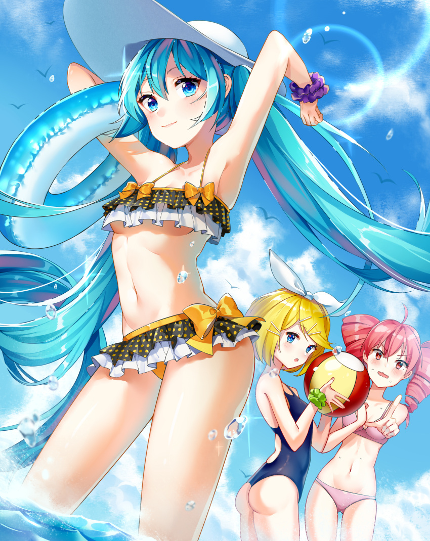 3girls absurdres ahoge aqua_eyes aqua_hair armpits arms_up ball bangs beachball bikini bird blonde_hair blue_eyes blue_swimsuit blush bow breasts closed_mouth contrapposto drill_hair hair_ornament hairclip hat hatsune_miku highres holding holding_ball ihachisu innertube kagamine_rin kasane_teto layered_bikini lens_flare long_hair multiple_girls navel one-piece_swimsuit open_mouth orange_bow pink_bikini pink_eyes pink_hair pointing pointing_at_viewer polka_dot polka_dot_bikini scrunchie small_breasts smile standing sun_hat swept_bangs swimsuit twin_drills twintails under_boob very_long_hair vocaloid voiceroid white_hat wrist_scrunchie