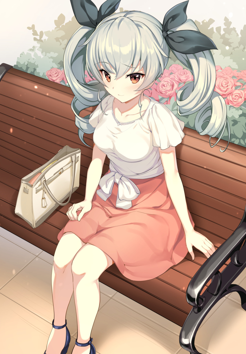 1girl anchovy bag bangs bench blush brown_eyes collarbone drill_hair eyebrows_visible_through_hair flower girls_und_panzer green_hair hair_between_eyes hair_ribbon handbag highres ikomochi long_hair looking_at_viewer park_bench pink_skirt ribbon shiny shiny_hair shirt short_sleeves sitting skirt smile solo twin_drills white_shirt