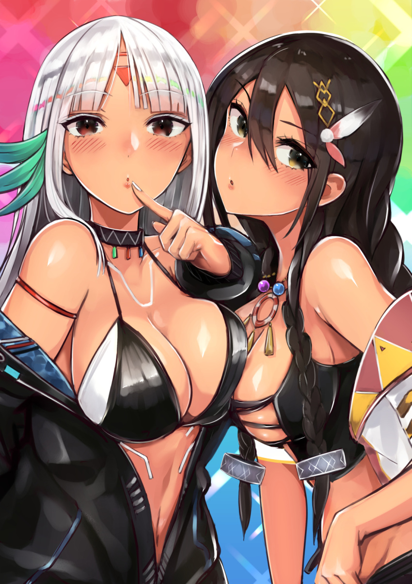 arm_at_side azur_lane bare_shoulders belt bikini_top black_hair black_jacket blush breast_press breasts brown_eyes cleavage commentary_request crop_top dark_skin eyebrows_visible_through_hair eyes_visible_through_hair feathers finger_to_mouth hair_between_eyes hair_feathers hair_ornament head_tilt highres jacket jewelry large_breasts lips long_hair long_sleeves looking_at_viewer mappaninatta massachusetts_(azur_lane) multicolored_hair native_american navel necklace open_clothes shiny shiny_skin silver_hair solo south_dakota_(azur_lane) swimsuit swimsuit_under_clothes symmetrical_docking unzipped upper_body zipper