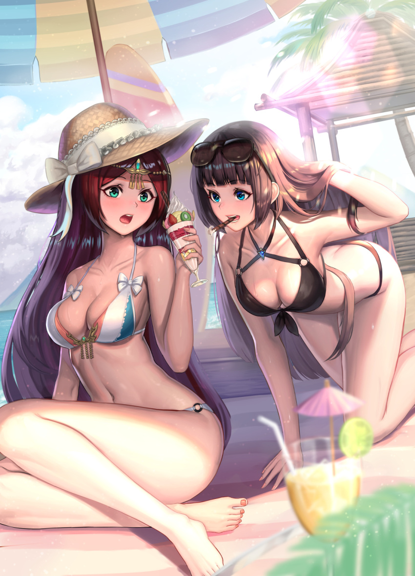 2girls all_fours arm_support bangs barefoot bikini black_bikini blue_eyes blunt_bangs bow breasts brown_hair butt_crack cleavage collarbone day drinking_straw eyebrows_visible_through_hair eyewear_on_head front-tie_bikini front-tie_top green_eyes hair_ornament hand_in_hair hat hat_bow highres large_breasts lens_flare long_hair moonandmist mouth_hold multiple_girls nail_polish navel o-ring o-ring_bikini open_mouth original outdoors palm_tree parasol parfait parted_bangs pink_nails redhead shiny shiny_hair shiny_skin sitting sun_hat sunglasses swimsuit toenail_polish tree umbrella very_long_hair white_bikini white_bow
