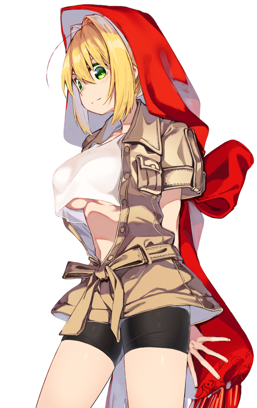 1girl ahoge arms_behind_back bangs black_shorts blonde_hair breasts brown_jacket closed_mouth crop_top fate/extra fate_(series) green_eyes hair_between_eyes hair_intakes highres hood jacket kei_(soundcross) large_breasts looking_at_viewer nero_claudius_(fate) nero_claudius_(fate)_(all) robe shirt short_sleeves shorts simple_background smile solo thighs under_boob waist white_background white_shirt
