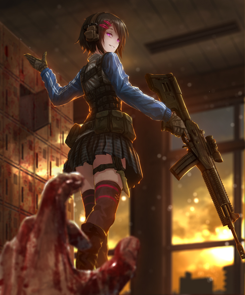 1girl belt_pouch black_gloves black_hair black_legwear black_skirt blood bloody_hands blue_jacket blurry blurry_background bulletproof_vest commentary_request copyright_request dagger dying ear_protection gloves glowing glowing_eyes gun hair_ornament hairclip highres holding holding_gun holding_weapon indoors jacket long_sleeves looking_back miniskirt plaid plaid_skirt pleated_skirt pouch pov pov_hands rifle school shaded_face shoe_locker short_hair skirt smile sniper_rifle solo_focus thigh-highs thigh_strap tom-neko_(zamudo_akiyuki) track_jacket trigger_discipline violet_eyes waving weapon weapon_request