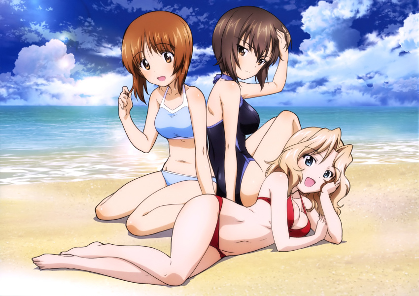 3girls absurdres ass bangs bare_legs barefoot beach bikini blonde_hair blue_bikini blue_eyes blue_sky breasts brown_eyes brown_hair cleavage clouds day eyebrows_visible_through_hair girls_und_panzer hand_in_hair head_on_hand highres kay_(girls_und_panzer) large_breasts lens_flare looking_at_viewer lying medium_breasts multiple_girls navel nishizumi_maho nishizumi_miho ocean official_art on_side one-piece_swimsuit outdoors red_bikini sand sitting sky smile swimsuit