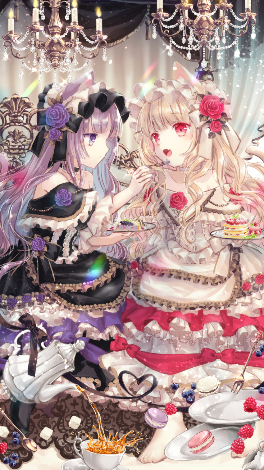 2girls absurdres animal_ears bare_shoulders black_choker black_dress black_ribbon blue_eyes blue_flower blue_rose blueberry bonnet candle cat_ears chandelier choker commentary cup desert dress english_commentary fang feeding flower food fork frilled_dress frilled_sleeves frills fruit heart highres holding holding_plate lavender_hair lolita_fashion macaron multiple_girls off-shoulder_dress off_shoulder open_mouth original plate pouring raspberry red_eyes red_flower red_rose ribbon rose short_sleeves spoon sugar_cube tea teacup teapot white_choker white_dress white_hair yumeichigo_alice