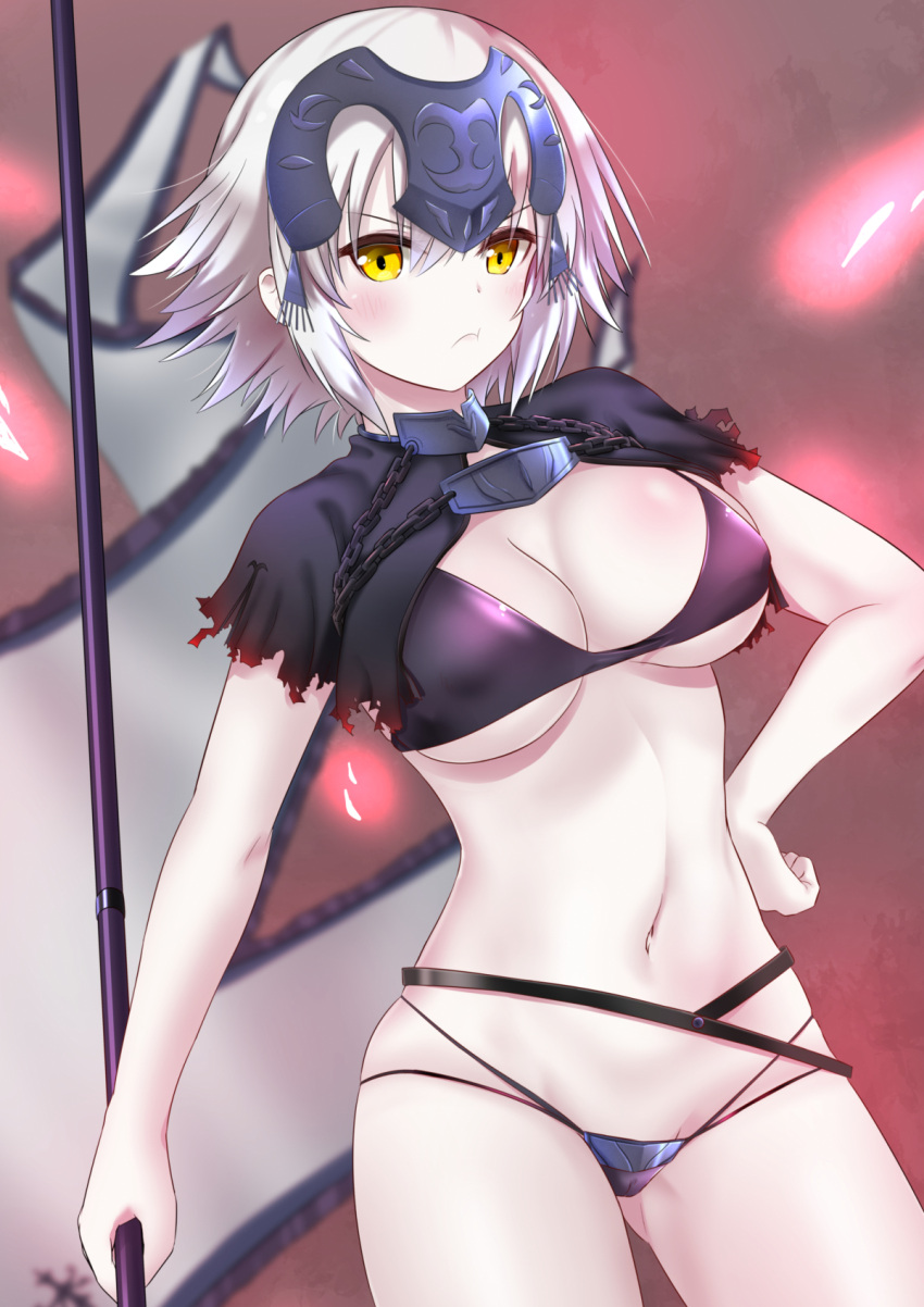1girl :t bangs bikini black_bikini black_capelet blurry blurry_background blush breasts capelet chains cleavage closed_mouth commentary_request depth_of_field dutch_angle eyebrows_visible_through_hair fate/grand_order fate_(series) flag hair_between_eyes hand_on_hip headpiece highres holding holding_flag jeanne_d'arc_(alter)_(fate) jeanne_d'arc_(fate)_(all) looking_at_viewer medium_breasts mint_(cerbi) multi-strapped_bikini navel pout short_hair silver_hair solo swimsuit v-shaped_eyebrows white_flag yellow_eyes
