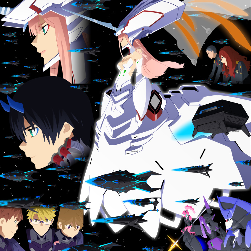 2girls 5boys absurdres alien argentea_(darling_in_the_franxx) artist_name bangs black_bodysuit black_hair blonde_hair blue_horns bodysuit brown_hair chlorophytum closed_eyes commentary darling_in_the_franxx delphinium_(darling_in_the_franxx) futoshi_(darling_in_the_franxx) glasses gorou_(darling_in_the_franxx) green_eyes grey_hair hachi_(darling_in_the_franxx) highres hiro_(darling_in_the_franxx) holding holding_weapon horns long_hair long_sleeves looking_at_viewer mecha military military_uniform multiple_boys multiple_girls nana_(darling_in_the_franxx) necktie oni_horns pilot_suit pink_hair red_neckwear redhead short_hair space space_craft strelizia strelizia_apus strelizia_true_apus thick_eyebrows tube uniform violet_eyes weapon yellow_eyes zero_two_(darling_in_the_franxx) zeroone zorome_(darling_in_the_franxx)