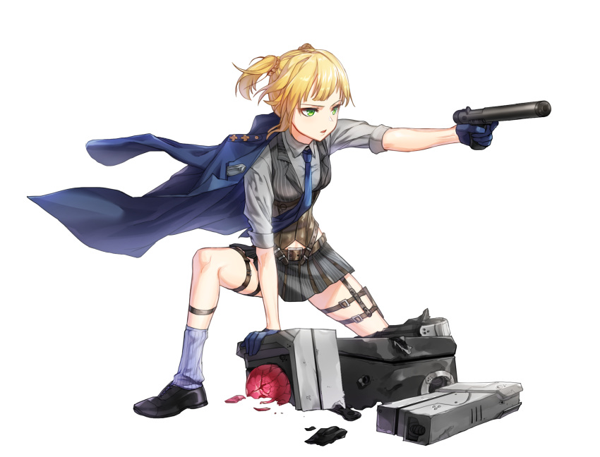 1girl belt blonde_hair commentary_request damaged dinergate_(girls_frontline) girls_frontline green_eyes highres jacket_on_shoulders military military_jacket military_uniform miniskirt necktie robot sangvis_ferri shoes skirt socks solo sweat twintails uniform vest welrod_mk2 welrod_mk2_(girls_frontline) yeoul