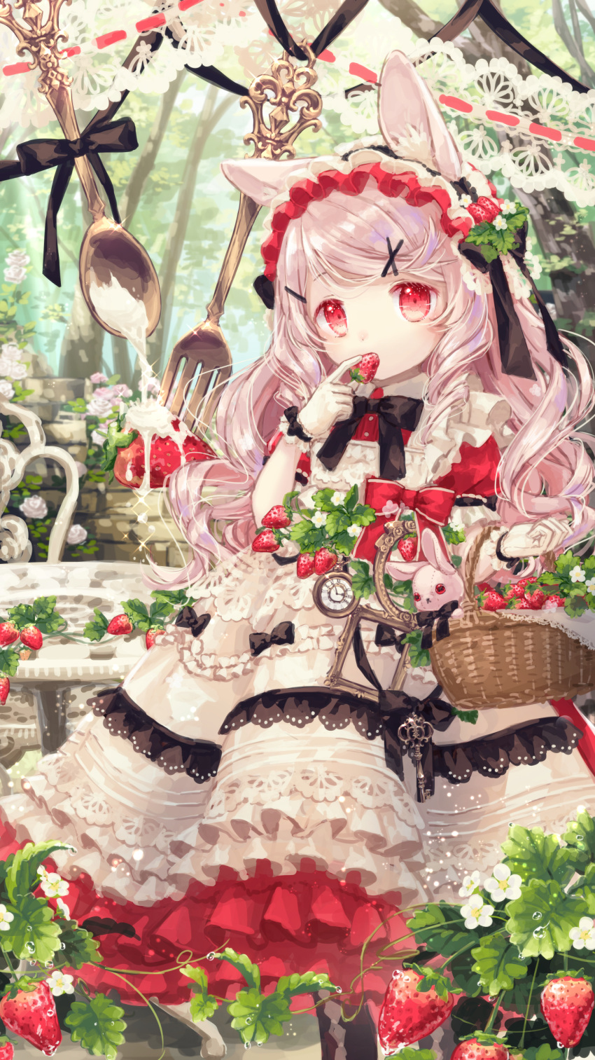 1girl absurdres animal_ears bangs basket black_neckwear clenched_hand commentary curly_hair dress english_commentary food fork frilled_dress frilled_gloves frills fruit gloves grey_hair hair_ornament hairband hairpin highres holding holding_basket key lace layered_dress lolita_fashion lolita_hairband looking_at_viewer neck_ribbon original oversized_object petticoat pocket_watch rabbit rabbit_ears red_eyes red_ribbon revision ribbon short_sleeves sidelocks solo spoon strawberry swept_bangs watch white_dress white_gloves x_hair_ornament yumeichigo_alice