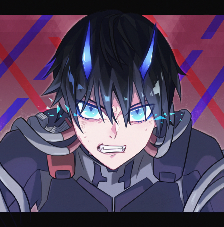 1boy absurdres bangs black_bodysuit black_hair blue_eyes blue_horns bodysuit comm327 commentary darling_in_the_franxx eyes_visible_through_hair fangs highres hiro_(darling_in_the_franxx) horns letterboxed looking_at_viewer male_focus oni_horns pilot_suit short_hair solo tube