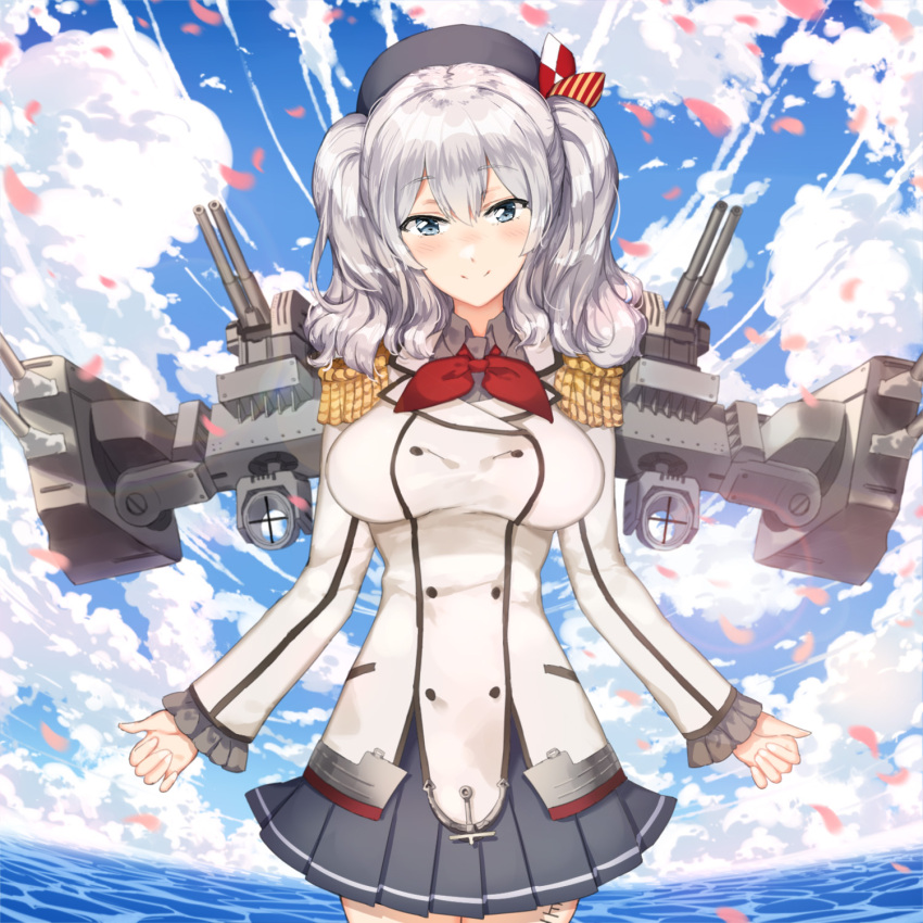 1girl beret black_hat black_miniskirt blue_eyes blue_sky blush breasts buttons cannon closed_mouth clouds cowboy_shot day epaulettes gloves hat highres jacket kantai_collection kashima_(kantai_collection) large_breasts long_hair long_sleeves looking_at_viewer machinery marie_mushroom military military_jacket military_uniform neckerchief outdoors petals pleated_skirt red_neckwear rigging searchlight sidelocks silver_hair skirt sky smile solo turret twintails uniform wavy_hair white_gloves white_jacket wind