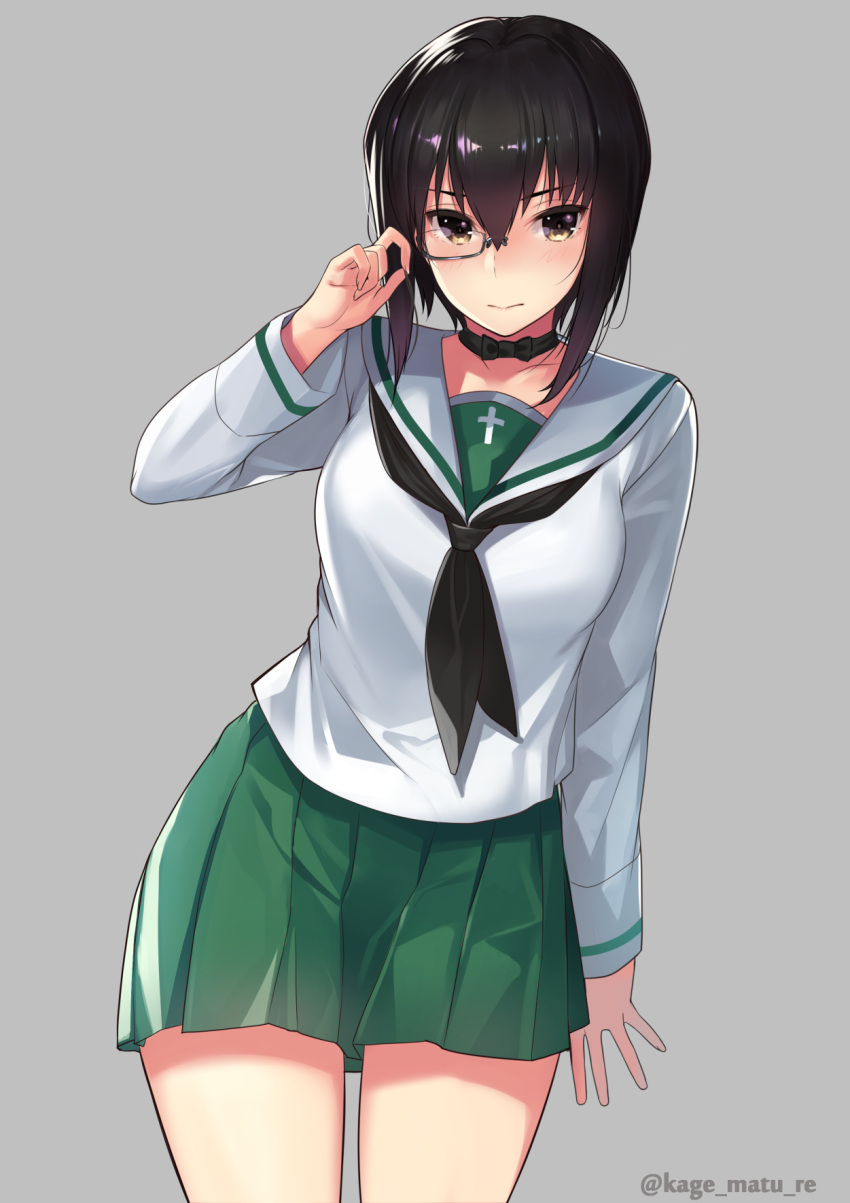 1girl black_hair blouse blush breasts brown_eyes choker collarbone cowboy_shot girls_und_panzer green_skirt grey_background highres kagematsuri kawashima_momo lips looking_at_viewer medium_breasts monocle neckerchief ooarai_school_uniform pleated_skirt school_uniform shiny shiny_hair short_hair simple_background skirt solo twitter_username white_blouse