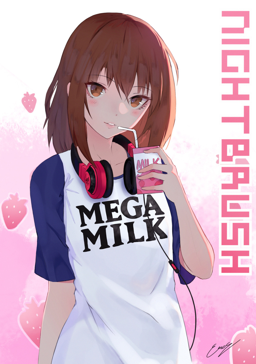 1girl absurdres arm_at_side bangs blush brown_eyes brown_hair collarbone commentary drinking_straw english english_commentary erospanda eyebrows_visible_through_hair food fruit fruit_background hair_between_eyes head_tilt headphones headphones_around_neck highres holding long_hair looking_at_viewer milk milk_carton nightbrush parted_lips pink_background real_life shirt short_sleeves sidelocks signature smile solo strawberry t-shirt white_background white_shirt