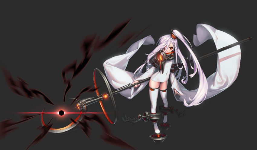 1girl :&lt; absurdres albino broken broken_chain chain chains collar covered_navel cuffs dekka grey_background highres long_hair looking_at_viewer original red_eyes science_fiction shackles side_ponytail staff thigh-highs white_hair wide_sleeves