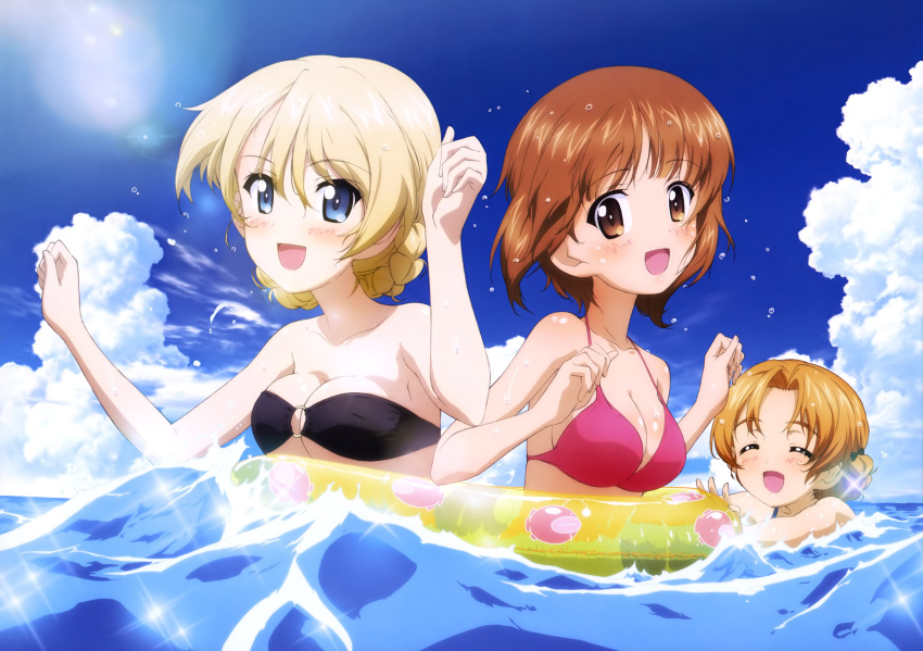 3girls absurdres bangs bikini bikini_top black_bikini_top blonde_hair blue_eyes braid breasts brown_eyes brown_hair cleavage closed_eyes clouds collarbone darjeeling day eyebrows_visible_through_hair girls_und_panzer hair_ribbon highres inflatable_toy innertube looking_at_viewer medium_breasts multiple_girls nishizumi_miho ocean official_art open_mouth orange_hair orange_pekoe outdoors partially_submerged red_bikini_top ribbon sky smile sparkle swept_bangs swimsuit under_boob water waves wet wet_hair