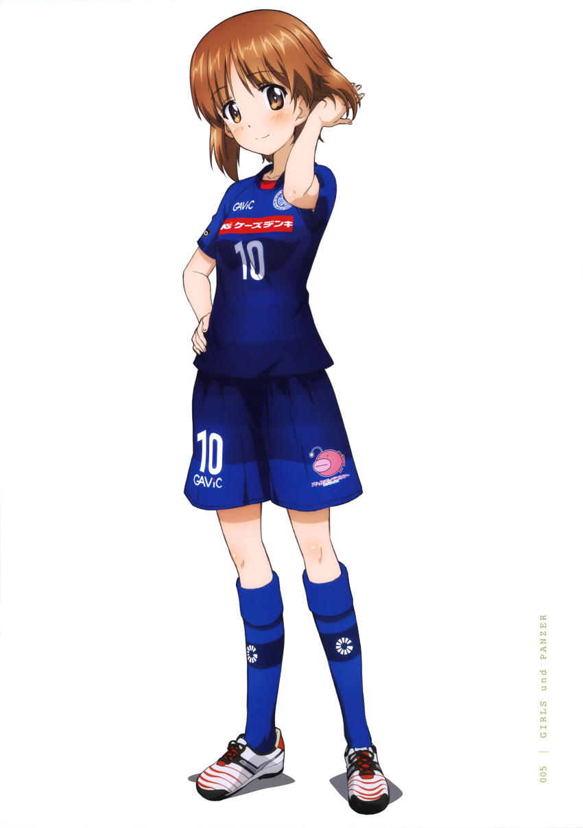 1girl absurdres blue_legwear blue_shirt blue_shorts blush brown_eyes brown_hair collarbone copyright_name eyebrows_visible_through_hair football_uniform full_body girls_und_panzer hand_in_hair hand_on_hip highres kneehighs looking_at_viewer nishizumi_miho official_art page_number print_legwear print_shirt print_shorts shirt shoes short_hair short_sleeves shorts simple_background smile sneakers solo sportswear standing white_background yoshida_nobuyoshi