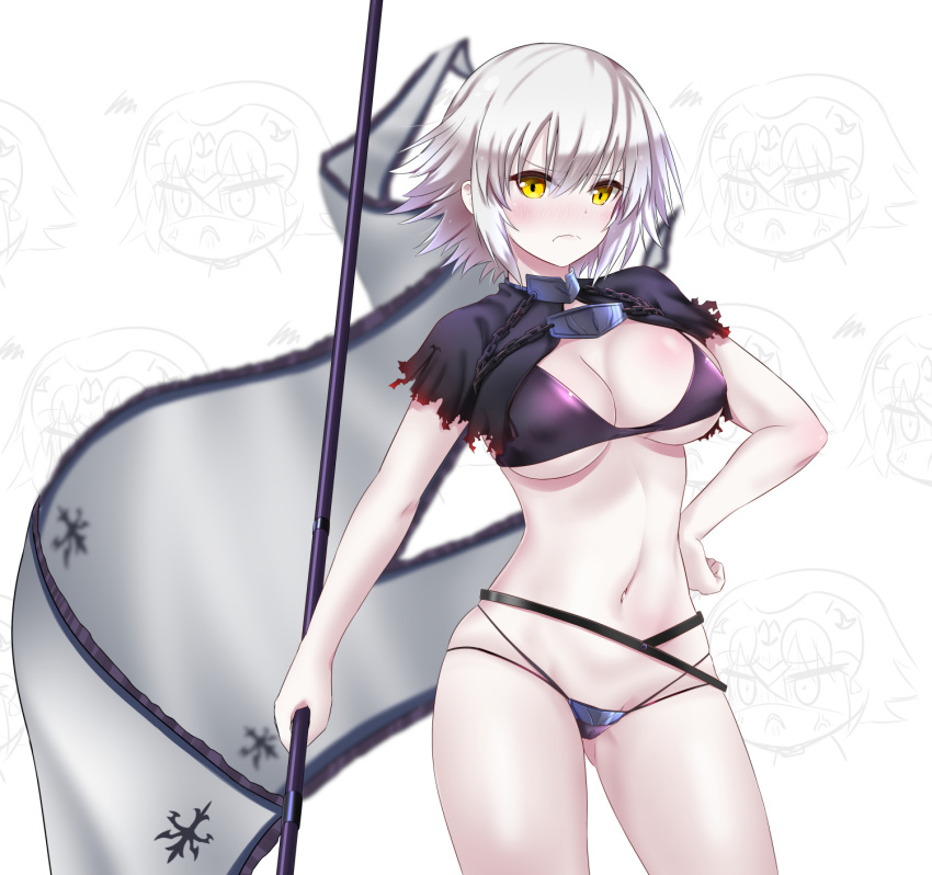 1girl bangs bikini black_bikini black_capelet blurry blurry_background blush breasts capelet chains cleavage closed_mouth depth_of_field eyebrows_visible_through_hair fate/grand_order fate_(series) flag hair_between_eyes hand_on_hip headpiece highres holding holding_flag jeanne_d'arc_(alter)_(fate) jeanne_d'arc_(fate)_(all) looking_at_viewer medium_breasts mint_(cerbi) multi-strapped_bikini navel parted_lips shaded_face short_hair silver_hair solo squiggle swimsuit v-shaped_eyebrows white_background white_flag yellow_eyes