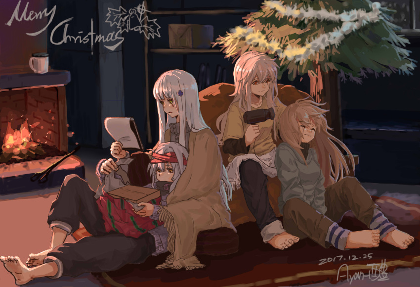 404_(girls_frontline) absurdres artist_request chimney christmas christmas_tree closed_eyes commentary_request cup dated english fire_poker g11_(girls_frontline) girls_frontline hair_blowing hair_brushing hair_down highres hk416_(girls_frontline) scar scar_across_eye siblings signature sisters sweater twins ump45_(girls_frontline) ump9_(girls_frontline)