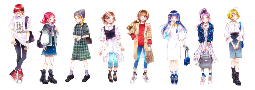 6+girls ;d ;p absurdres ahoge amanogawa_kirara aoki_reika backpack bag bangs beanie blonde_hair blue_eyes blue_hair blunt_bangs boots braid brown_hair casual choker closed_eyes commentary_request denim denim_jacket denim_skirt dress earrings fashion futari_wa_precure futari_wa_precure_max_heart futari_wa_precure_splash_star glasses go!_princess_precure green_eyes hair_bun hair_ornament handbag haruno_haruka hat high_heels highres hugtto!_precure jacket jeans jewelry kagayaki_homare kenjou_akira kirakira_precure_a_la_mode kujou_hikari long_coat long_hair long_sleeves looking_at_viewer marker_(medium) mikan_(mikataaaa) mishou_mai multiple_girls necklace nono_hana one_eye_closed open_mouth pants pants_under_dress pearl_earrings pink_eyes pink_hair precure purple_hair redhead shirt shoes short_hair short_sleeves simple_background skin_tight skirt smile smile_precure! sneakers socks sweater t-shirt tongue tongue_out traditional_media violet_eyes watch watch white_background x_hair_ornament yellow_eyes