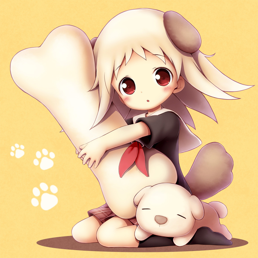 1girl :o aikei_ake animal animal_ears bangs black_legwear black_shirt blush brown_skirt cartoon_bone commentary_request dog dog_ears dog_girl dog_tail eyebrows_visible_through_hair fingernails gijinka head_tilt highres kneehighs light_brown_hair long_hair looking_at_viewer no_shoes object_hug orange_background original oversized_object parted_lips personification plaid plaid_skirt pleated_skirt red_eyes sailor_collar school_uniform serafuku shirt short_sleeves sitting skirt solo tail wariza white_sailor_collar