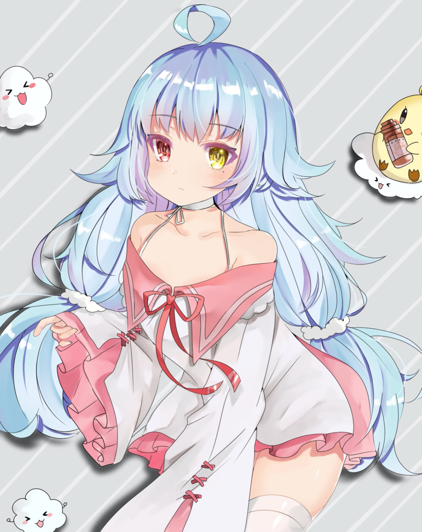 1girl ahoge azur_lane bangs blue_hair blush eyebrows_visible_through_hair highres katsushika_pachi long_hair long_sleeves low_twintails mole mole_under_eye nicholas_(azur_lane) off_shoulder pink_eyes sleeves_past_wrists solo thigh-highs twintails white_legwear yellow_eyes