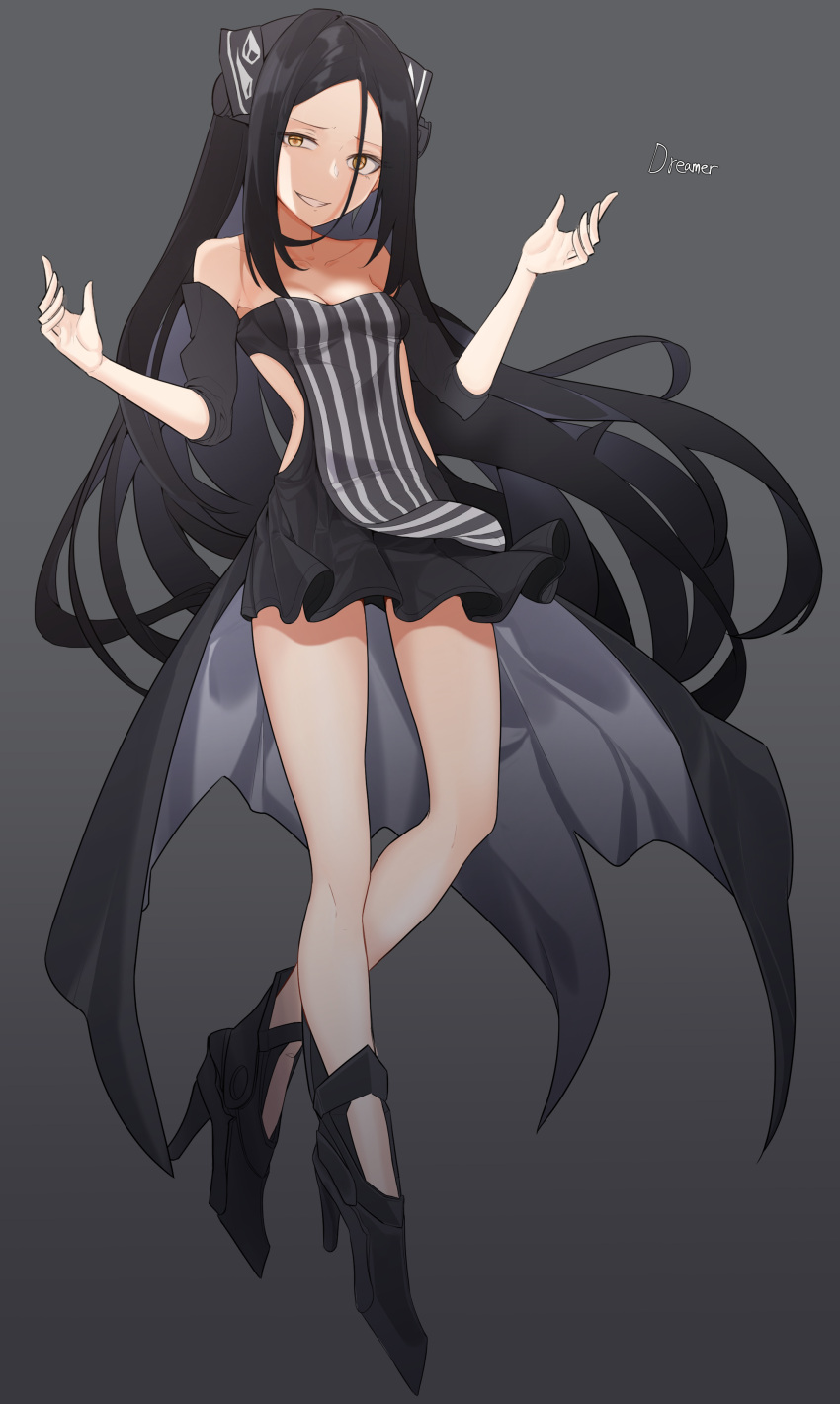 absurdres black_footwear black_hair breasts cleavage collarbone dreamer_(girls_frontline) dress full_body girls_frontline grey_background hair_between_eyes half-closed_eye hands_up head_tilt headgear high_heels highres long_hair looking_at_viewer medium_breasts orn parted_lips sangvis_ferri side_cutout sidelocks signature simple_background smile smirk solo twintails very_long_hair white_hair yellow_eyes