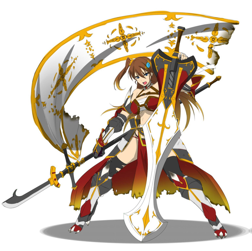 1girl armor banner blue_eyes boots breasts brown_hair cleavage commentary_request copyright_request full_body gauntlets gradient_hair grey_legwear hair_ornament hair_scrunchie highres holding holding_sword holding_weapon kagiyama_(gen'ei_no_hasha) large_breasts legs_apart long_hair looking_at_viewer multicolored_hair naginata one_side_up open_mouth orange_scrunchie polearm scrunchie shield simple_background solo standing sword thigh-highs weapon white_background