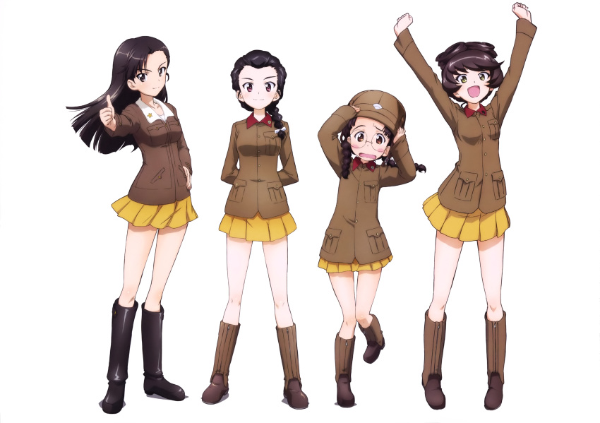 4girls :d absurdres alisa_(girls_und_panzer) arms_behind_back arms_up black_hair blush boots braid brown_eyes brown_footwear brown_hair brown_hat brown_jacket chi-hatan_military_uniform floating_hair fukuda_(girls_und_panzer) full_body girls_und_panzer glasses hair_over_shoulder hair_ribbon hand_on_hip hat highres jacket knee_boots leg_up looking_at_viewer miniskirt multiple_girls nishi_kinuyo official_art open_mouth pleated_skirt ribbon short_hair simple_background single_braid skirt smile standing standing_on_one_leg star star_print tamada_(girls_und_panzer) twin_braids white_background white_ribbon yellow_eyes yellow_skirt yoshida_nobuyoshi