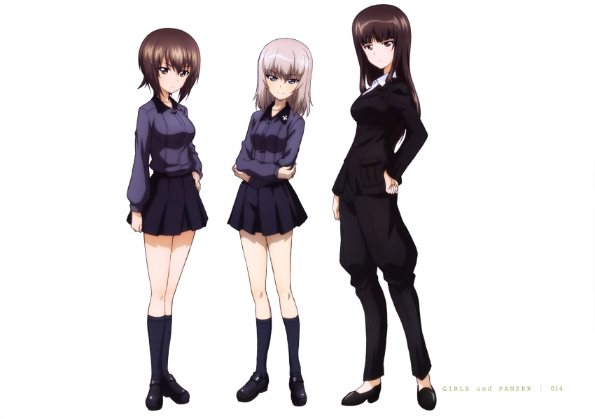 3girls absurdres bangs black_footwear black_jacket black_pants black_skirt blue_legwear blunt_bangs breasts brown_eyes brown_footwear brown_hair copyright_name crossed_arms eyebrows_visible_through_hair full_body girls_und_panzer grey_jacket hand_on_hip highres itsumi_erika jacket kneehighs kuromorimine_military_uniform long_hair looking_at_viewer medium_breasts miniskirt multiple_girls nishizumi_maho nishizumi_shiho official_art page_number pants pleated_skirt pumps shiny shiny_hair short_hair silver_hair simple_background skirt smile standing white_background yoshida_nobuyoshi