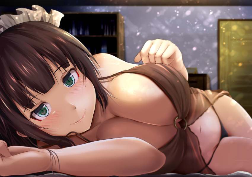 1girl babydoll bangs bare_arms bare_shoulders bed_sheet black_panties blush book bookshelf breasts cleavage clenched_hands close-up closed_mouth collarbone commentary_request doors eyebrows_visible_through_hair fingernails green_eyes highres indoors kanzaki_kureha large_breasts lingerie long_fingernails looking_at_viewer lying maid_headdress navel o-ring o-ring_top on_bed on_side original panties see-through short_hair smile solo stomach underwear